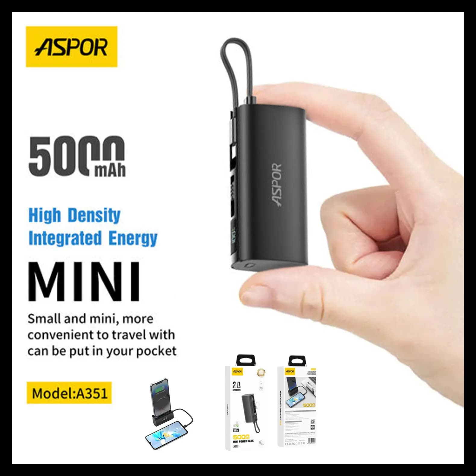 Aspor A352 2 TYPE-C Flexible Portable Mini 5000mAh Power Bank