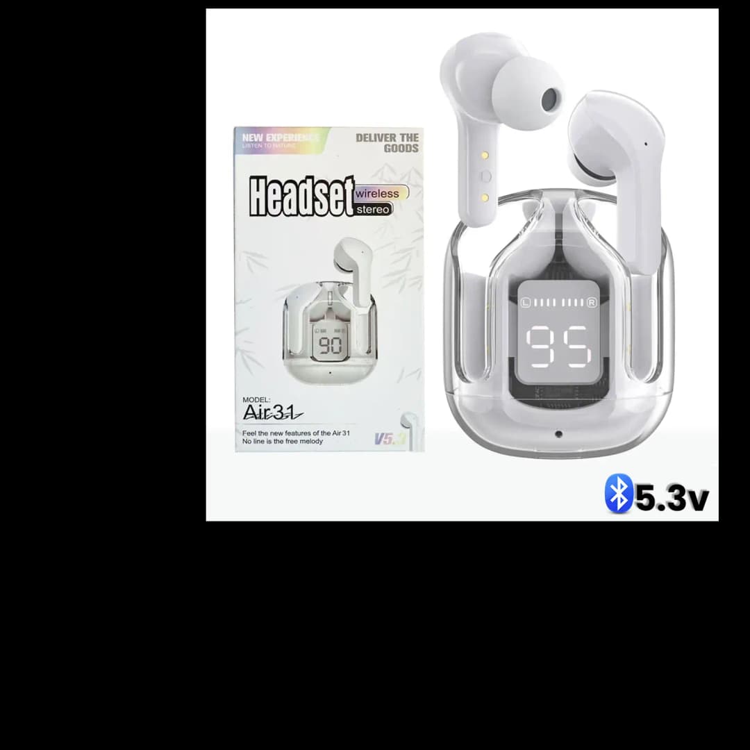 AIR 31 TWS ORIGINAL WITH BIG PACKING TRANSPARENT EARBUDS BLUETOOTH 5.3V White