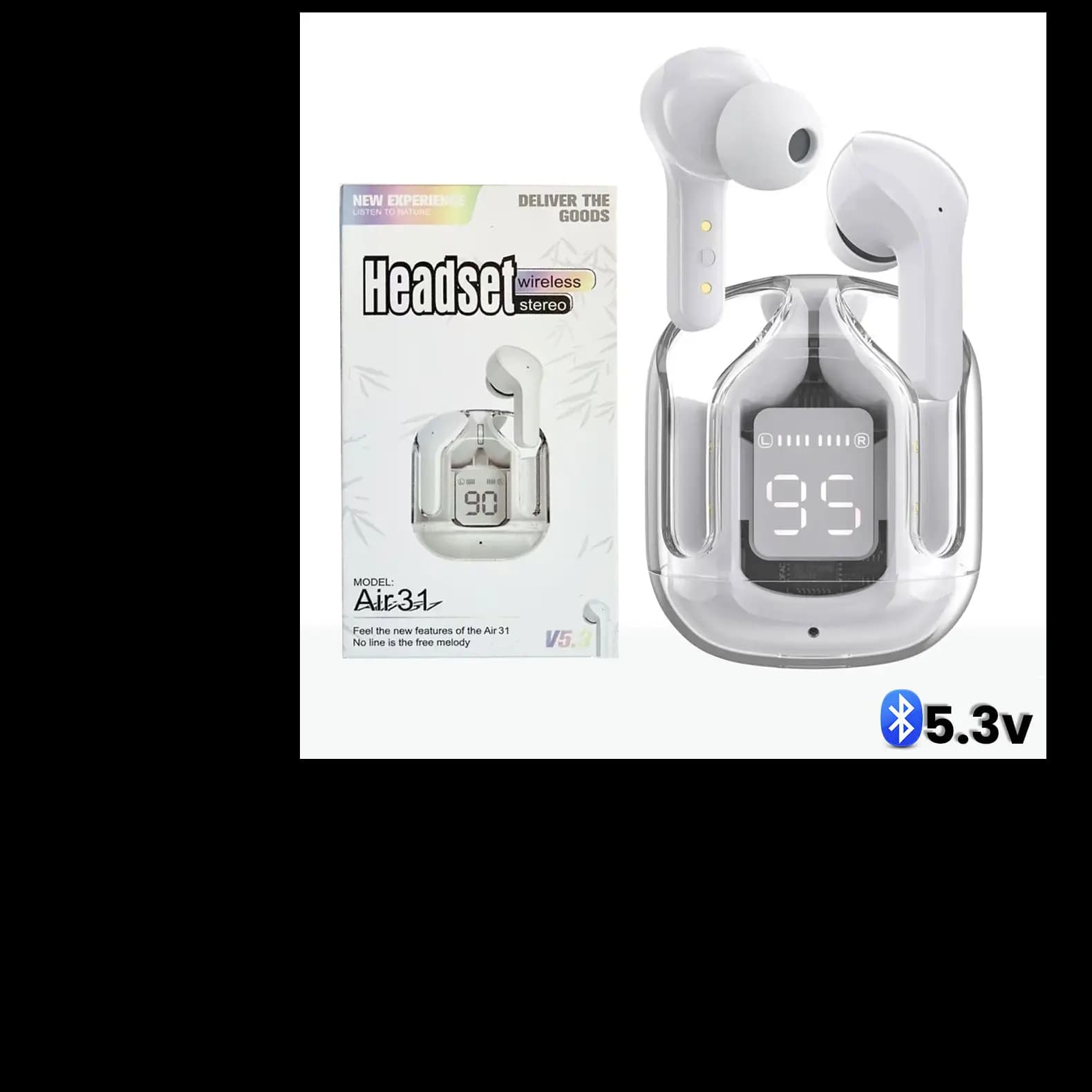 AIR 31 TWS ORIGINAL WITH BIG PACKING TRANSPARENT EARBUDS BLUETOOTH 5.3V White