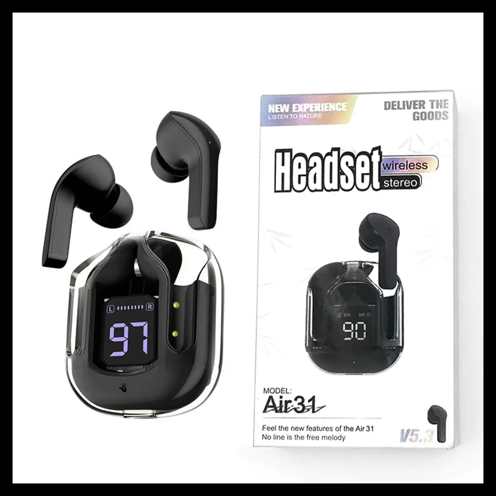 AIR 31 TWS ORIGINAL WITH BIG PACKING TRANSPARENT EARBUDS BLUETOOTH Black Airpods